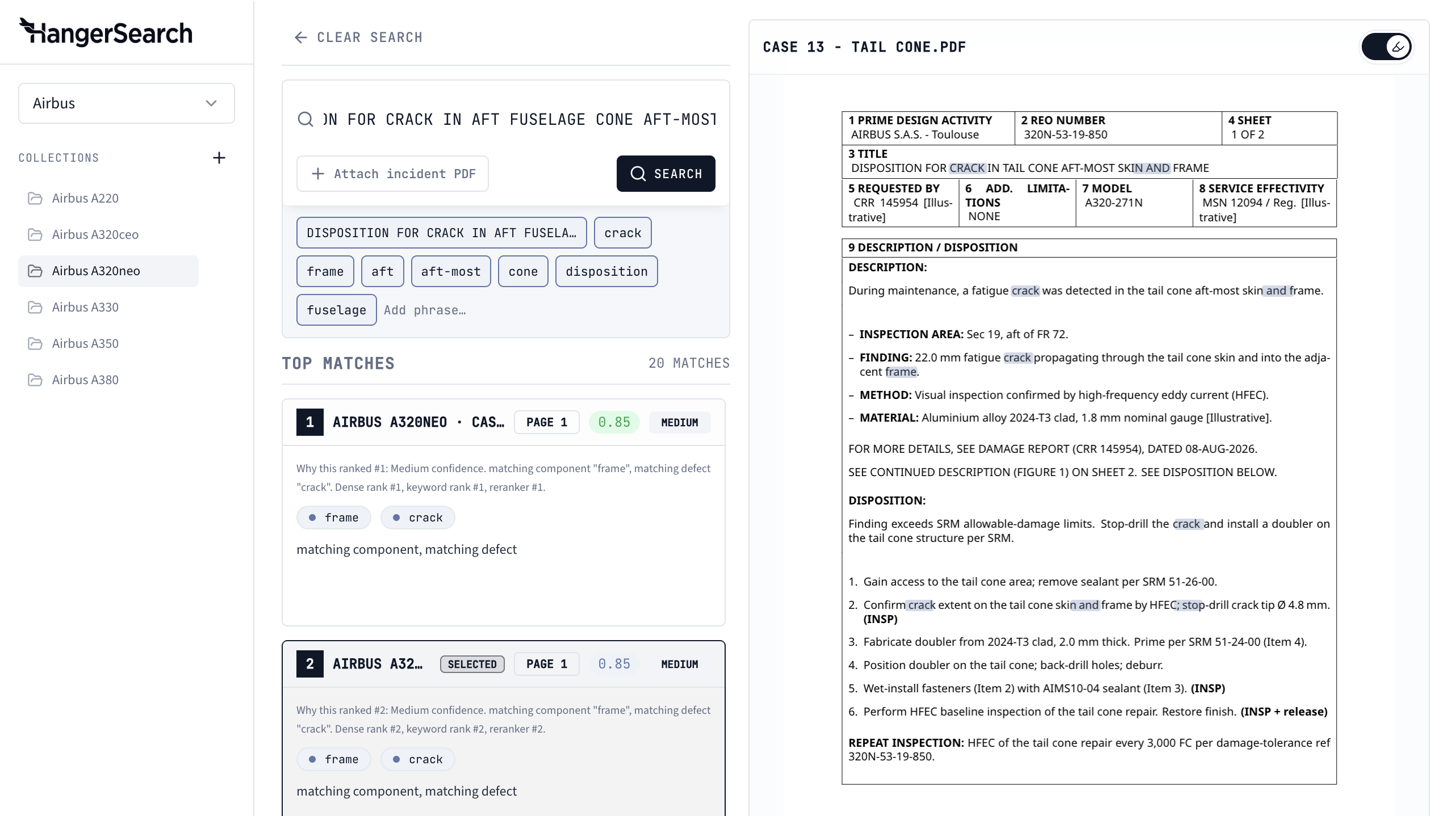 HangerSearch product: search results and a matched report page beside the query